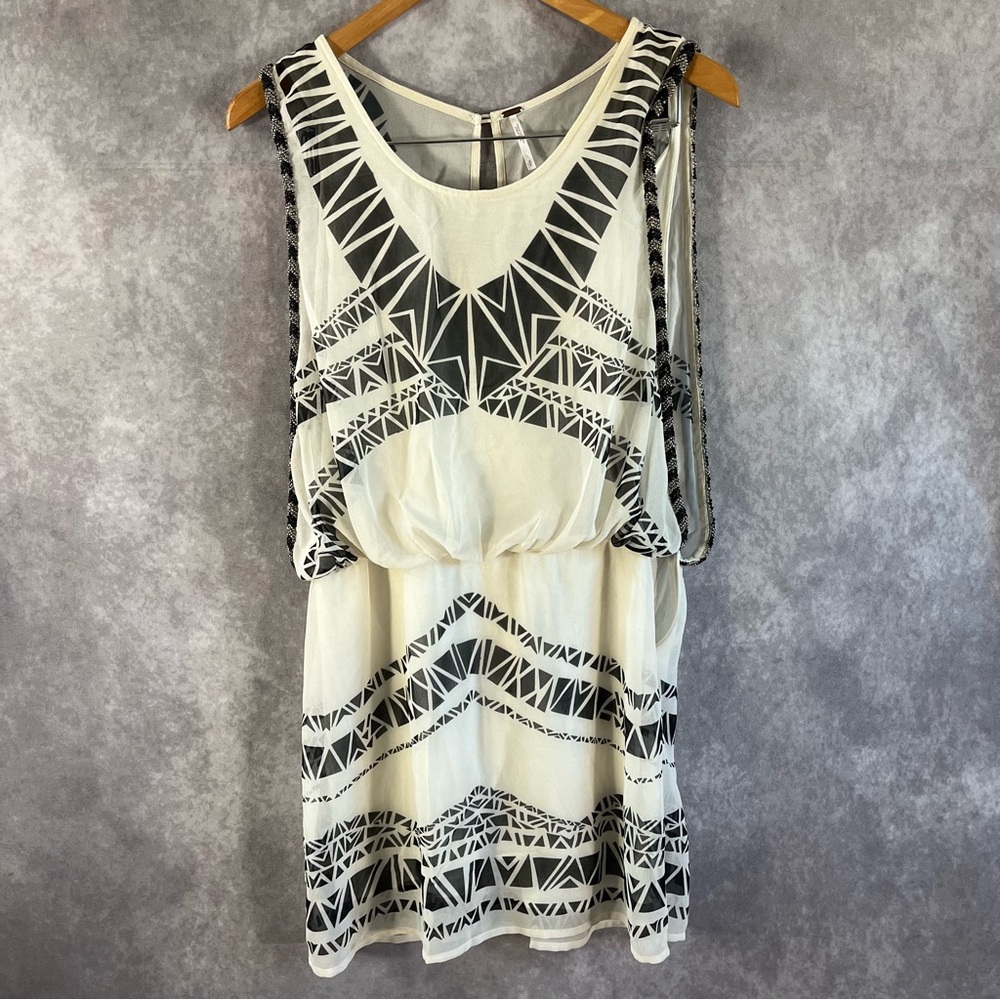Free People Mini Dress Women S White Black Geometric Beaded Blouson Sleeveless